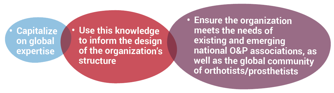 bubbles that say: Capitalize on global expertise. Use this knowledge to inform the design of the org's structure. Ensure the org meets the needs of existing and emerging national O&P assocs., as well as the global community of orthotists/prosthetists.